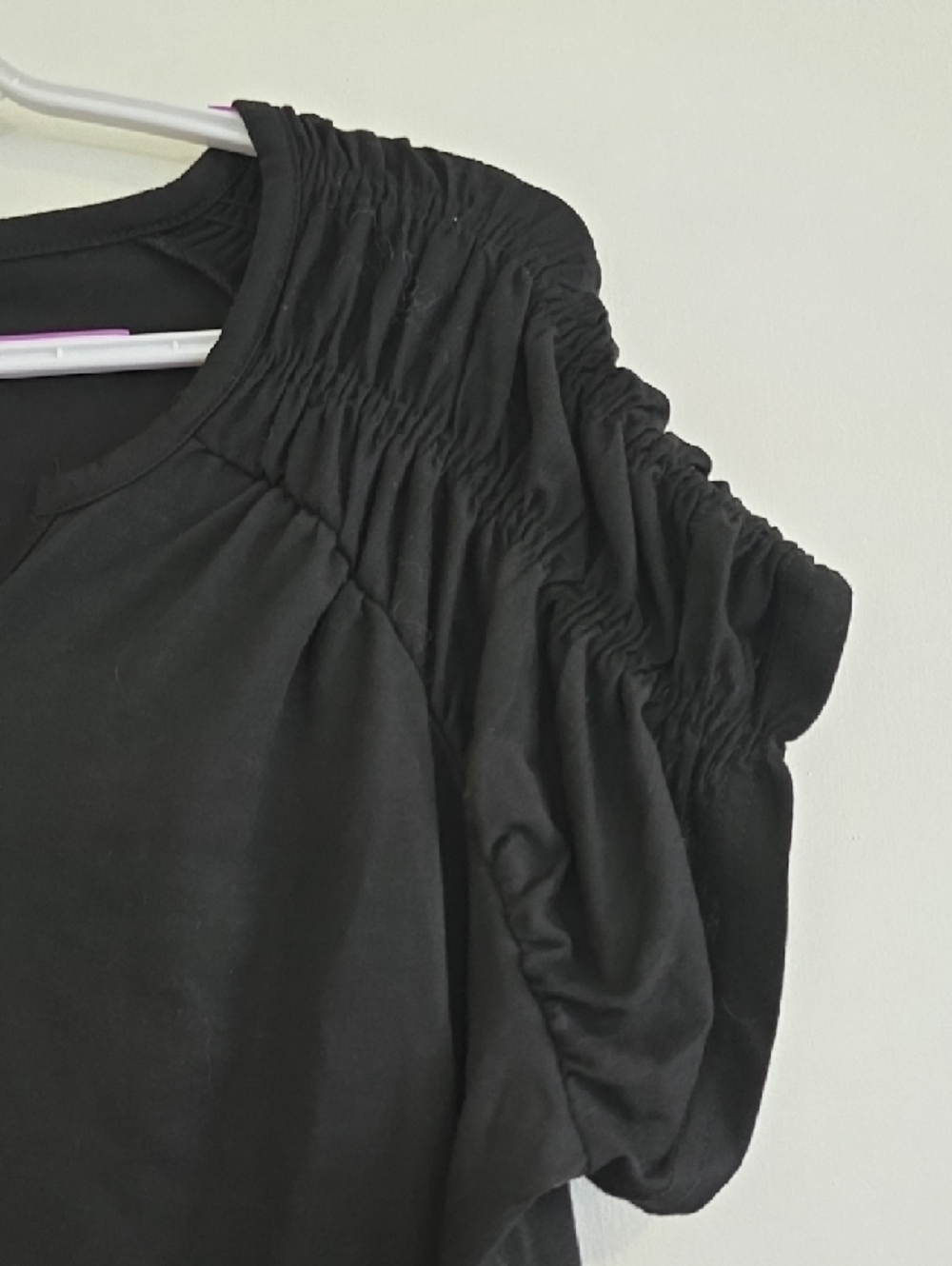 Black Smocked Shoulder Short Sleeve Tee - Picture 3 of 5